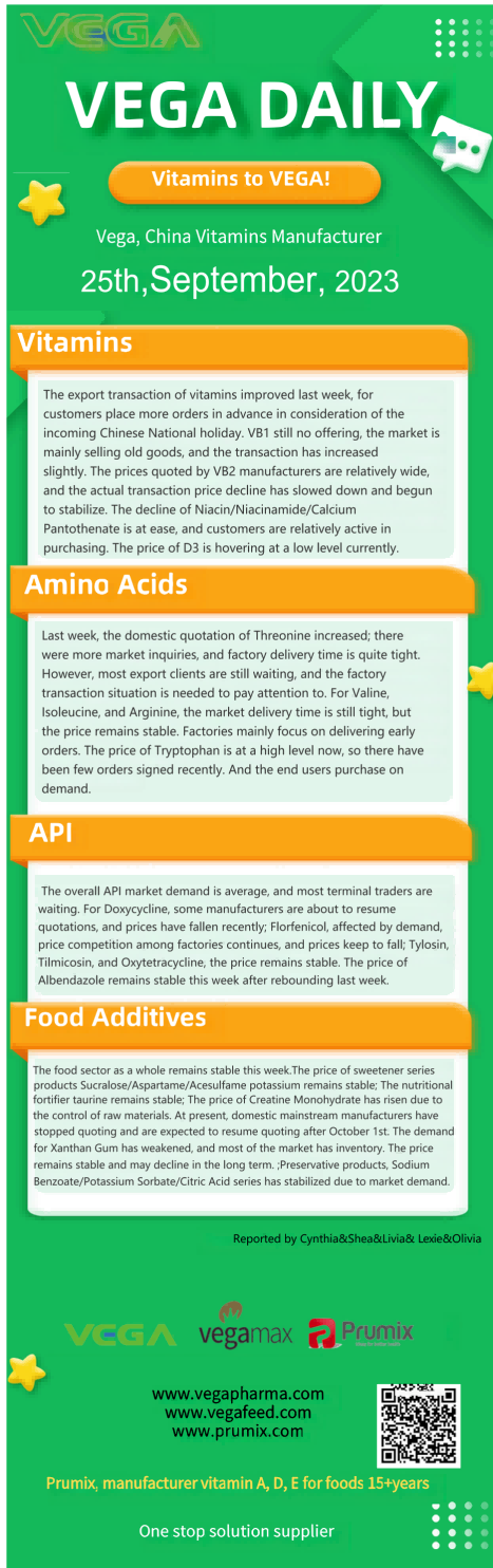 Vega Daily Dated on Sept 25th 2023 Vitamin Amino Acid API Food Additives.png
